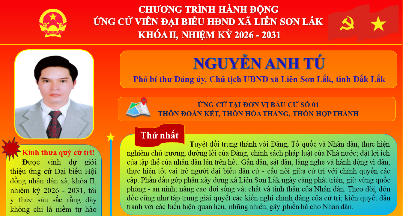 Chương trình hành động ứng cử viên đại biểu HĐND xã Liên Sơn Lắk khóa II, nhiệm kỳ 2026 – 2031 của Đồng chí NGUYỄN ANH TÚ - Phó bí thư Đảng ủy - Chủ tịch UBND xã Liên Sơn Lắk, tỉnh Đắk Lắk